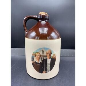 Antique Stoneware Whiskey Jug Grant Wood American Gothic Folk Art 10½” high